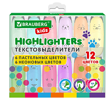 Набор текстовыделителей мини 12 ЦВЕТОВ BRAUBERG KIDS "CUTE CATS", линия 1-5 мм, 152437
