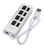 Разветвитель USB2.0 Gembird UHB-243-ADW, 4хUSB, с доп. питанием, подсветка и выключатели, кабель USB