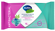 Салфетки влажные 15 шт., AURA Tropic Cocktail, c антибактериальным эффектом, 10388