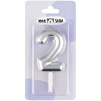 Свеча для торта с держателем MESHU "Цифра 2", 6см, серебряная, блистер