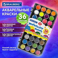 Краски акварельные BRAUBERG PREMIUM 36 цветов (12 базовых + 12 неоновых + 12 металлик) пенал, 191807