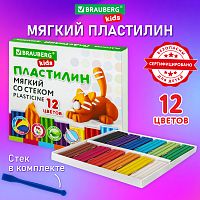 Пластилин мягкий восковой BRAUBERG KIDS, 12 цветов, 180 г, со стеком, 106495