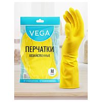 Перчатки резиновые хозяйственные Vega, многоразовые, хлопчатобумажное напыление, размер XL, желтые, 