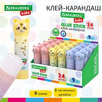 Клей-карандаш "Пастельные зверята: мышка, тигр, бегемот" 9 г, фигурный колпачок,BRAUBERG KIDS,271140