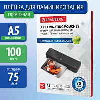 Пленки-заготовки д/ламинирования МАЛОГО ФОРМАТА, А5, КОМПЛЕКТ 100шт, 75 мкм, BRAUBERG, 530898