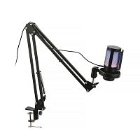 Микрофон конденсаторный Gembird M-02N, подсветка RGB, шумоподавление, микрофонная стойка (пантограф)
