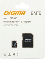 DIGMA Карта памяти microSDXC UHS-I U1 64 ГБ, 70 МБ/с, Class 10, CARD10, 1 шт., переходник SD [dgfca0