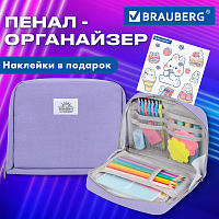 Пенал-органайзер BRAUBERG, 1 отделение, наклейки, молния вокруг, канвас, 22х15х6см,фиолетовый,273594