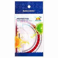 Транспортир 10 см BRAUBERG "FRESH ZONE", 180 градусов, пластик, прозр., красная шкала, 210760