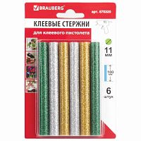 Клеевые стержни, диаметр 11мм, длина 100мм, цветные (ассорти), С БЛЕСТКАМИ, КОМПЛЕКТ 6 шт., BRAUBERG